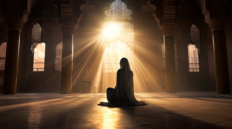 Religious Muslim woman praying in a church