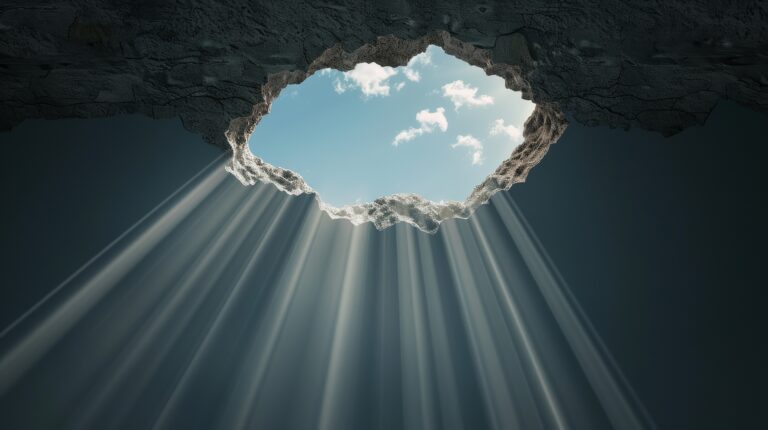 Artistic depiction of a ceiling hole with light rays breaking through, highlighting the contrast between the dark interior and the bright sky outside