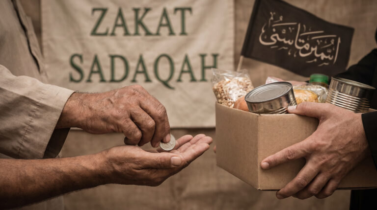 Donating Zakat and Sadaqah for charity, emphasizing the importance of giving to the needy and the community