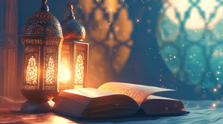 an arabic lantern lights with a holy quran opened besides